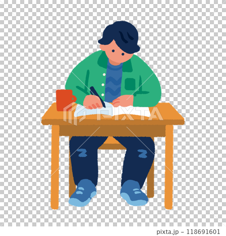 机に向かって勉強をするシンプルでフラットな男性のイラスト 118691601