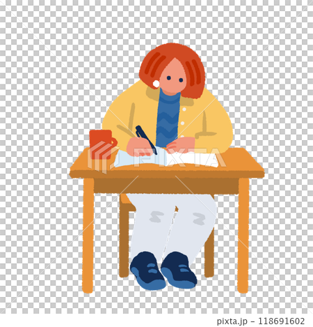一個簡單而扁平的女人在書桌前學習的插圖 一個簡單而扁平的女人在書桌前學習的插圖 118691602
