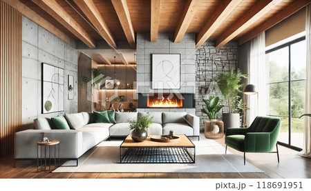 These modern living rooms exude warmth and elegance, featuring light gray sectional sofas, green velvet armchairs, and geometric wooden coffee tables. The sleek fireplaces are integrated into stone 118691951