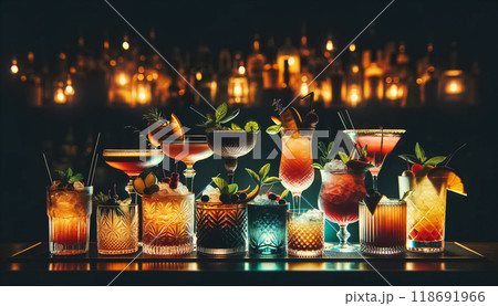 A collection of dazzling cocktails, each glowing against a background that melds the mystery of the night with a hint of warmth, invites a feeling of cozy sophistication at a dimly lit bar. 118691966