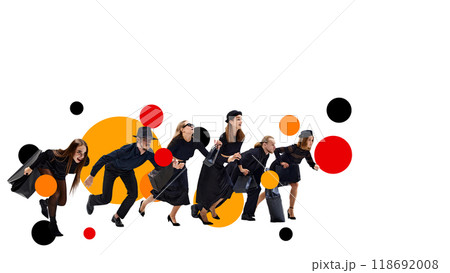 Poster. Contemporary art collage. Determined group races toward sales, ready to grab best deals in style. Black Friday discounts within reach. 118692008