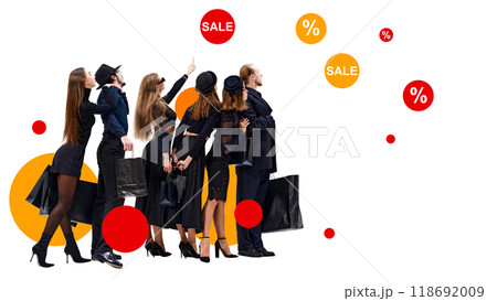Poster. Contemporary art collage. Eyes on prize. Stylish crew points toward big savings during shopping frenzy. Black Friday promises in air. 118692009