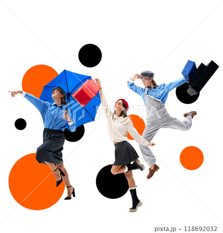 Poster. Contemporary art collage. Friends celebrate sales with lively, joyful dance. Bags, umbrellas, and excitement mark their Black Friday adventure. 118692032