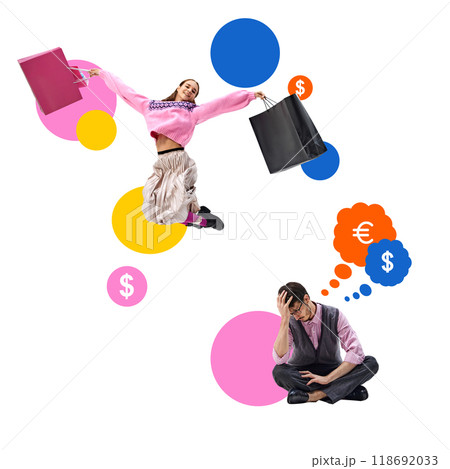 Poster. Contemporary art collage. Excited shopper leaps of joy with colorful bags, while man contemplates budget woes. Shopping fever meets financial reality. 118692033