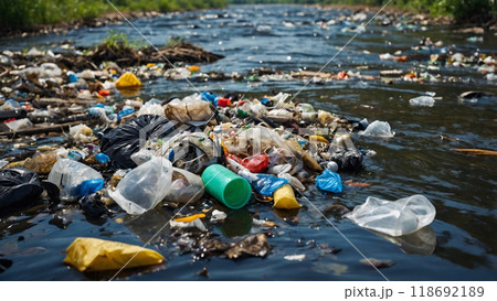 Pollution on the river. Garbage and trash around and in the water. Pullated enviroment 118692189