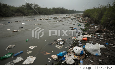 Pollution on the river. Garbage and trash around and in the water. Pullated enviroment 118692192