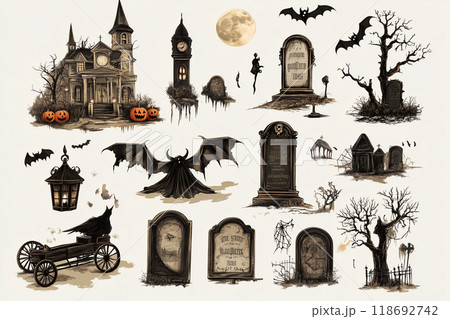 ヴィンテージホラースタイルのハロウィン墓地素材集 – ダークでミステリアスなデザイン 118692742