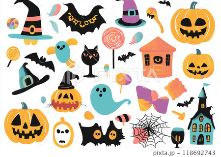 ポップアートスタイルのハロウィン素材集 – ジャック・オ・ランタンやコウモリのイラスト素材 118692743