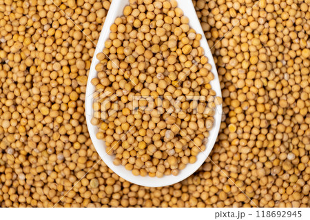 Mustard seeds in a spoon, natural organic seasoning 118692945