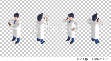 Isometric 3D illustration of a smart doctor or doctor male character wearing a white coat and tie 118693152