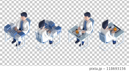 白衣を着てネクタイをしたスマートな医師または博士の男性キャラクターをアイソメトリックに配置した3DC 118693156