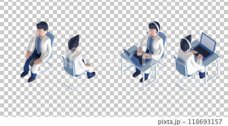 白衣を着てネクタイをしたスマートな医師または博士の男性キャラクターをアイソメトリックに配置した3DC 118693157