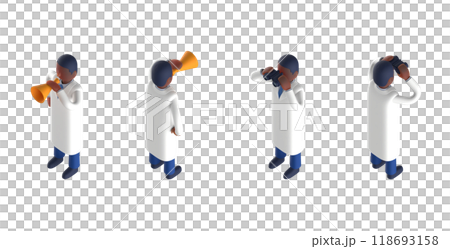白衣を着てネクタイをしたスマートな医師または博士の男性キャラクターをアイソメトリックに配置した3DC 118693158