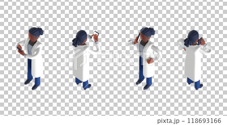 3DCG rendering of a smart doctor or doctor female character in a white coat arranged in an isometric style 3DCG rendering of a smart doctor or doctor female character in a white coat arranged in an isometric style 118693166