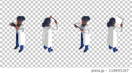 聰明醫生或身穿白大褂的醫生的等距排列女性角色的 3DCG 渲染 聰明醫生或身穿白大褂的醫生的等距排列女性角色的 3DCG 渲染 118693167