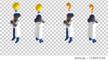 3DCG rendering of a smart doctor or doctor female character in a white coat arranged in an isometric style 3DCG rendering of a smart doctor or doctor female character in a white coat arranged in an isometric style 118693168