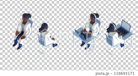 白衣を着たスマートな医師または博士の女性キャラクターをアイソメトリックに配置した3DCGレンダリング 白衣を着たスマートな医師または博士の女性キャラクターをアイソメトリックに配置した3DCGレンダリング 118693171