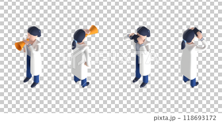 白衣を着たスマートな医師または博士の女性キャラクターをアイソメトリックに配置した3DCGレンダリング 118693172
