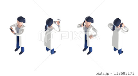 白衣を着たスマートな医師または博士の女性キャラクターをアイソメトリックに配置した3DCGレンダリング 118693173