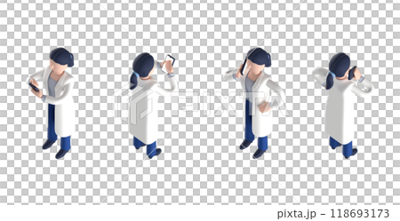 白衣を着たスマートな医師または博士の女性キャラクターをアイソメトリックに配置した3DCGレンダリング 118693173