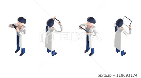 白衣を着たスマートな医師または博士の女性キャラクターをアイソメトリックに配置した3DCGレンダリング 118693174