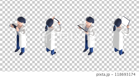 3DCG rendering of a smart doctor or doctor female character in a white coat arranged in an isometric style 118693174
