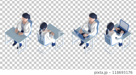 聰明醫生或身穿白大褂的醫生的等距排列女性角色的 3DCG 渲染 聰明醫生或身穿白大褂的醫生的等距排列女性角色的 3DCG 渲染 118693176