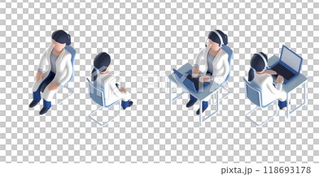 3DCG rendering of a smart doctor or doctor female character in a white coat arranged in an isometric style 118693178
