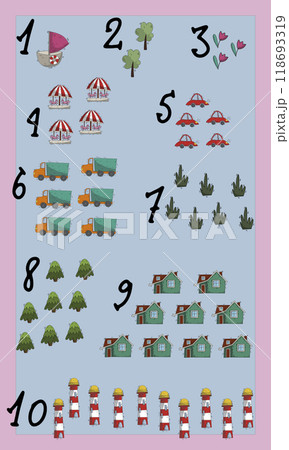 Kids learning material. Printable poster for nursery, kindergarten. Illustrated numbers for children 118693319