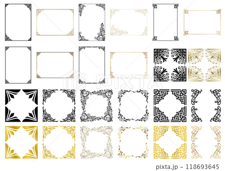 オーナメントフレーム、エレガント、ビンテージ、モダン、フローラル、幾何学、デコレーションのセット04 118693645