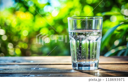 Mineral water in a clear glass on the background of a green forest 118693971