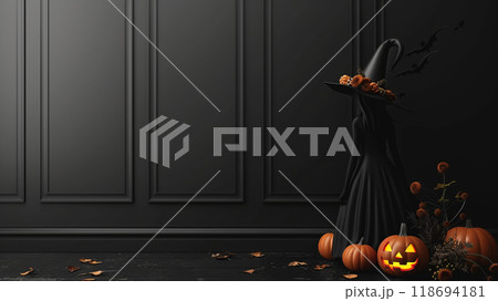 Stylish Halloween decor with pumpkins and witch silhouette. Stylish Halloween decor with pumpkins and witch silhouette. 118694181