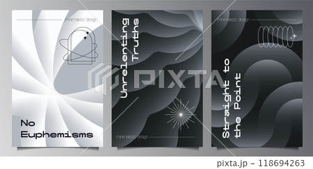 Rotating Circle abstract backgrounds set. Futuristic retro monochrome minimalistic Posters with gradient form graphic of round geometrical shapes modern design inspired by brutalism. Vector 118694263