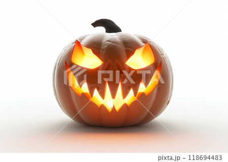 Eerie Halloween pumpkin with glowing eyes and sharp teeth. 118694483
