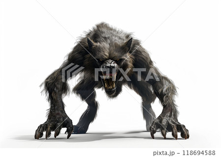 terrifying werewolf character with sharp claws and fierce expression. 118694588