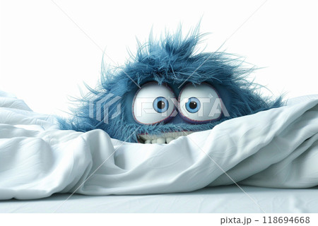 Fluffy blue character peeking from under white blanket, exuding playfulness. Fluffy blue character peeking from under white blanket, exuding playfulness. 118694668