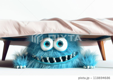 playful blue monster peeks out from under bed, adding whimsical touch. 118694686