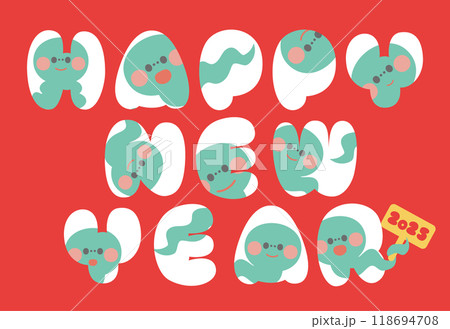 年賀状素材巳年の可愛いへびのキャラクター年賀はがきテンプレート赤 118694708