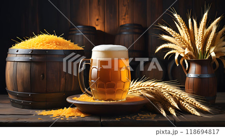 Beer glass on wooden floor The background is a blurry fermentation room and oak barrels barley 118694817