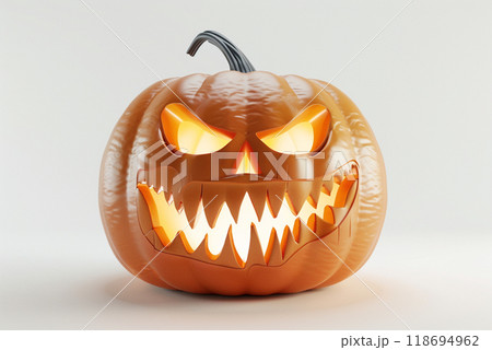 carved pumpkin with menacing grin and glowing eyes, perfect for Halloween. 118694962