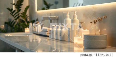 Luxurious body care products arranged on stylish bathroom counter, creating serene atmosphere 118695011