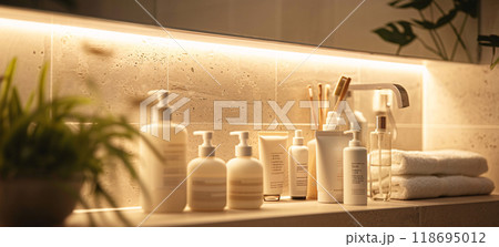 Modern bathroom with elegant toiletries and soft lighting, creating serene atmosphere 118695012