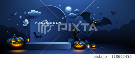 Halloween podium dark blue color, bat flying, pumpkin, ghost, candle, banner design 118695450