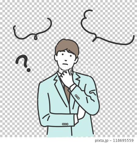 腕組みし顎に手をやり考えるスーツのビジネスマン ベクターイラスト 吹き出し 悩む 白バック 腕組みし顎に手をやり考えるスーツのビジネスマン ベクターイラスト 吹き出し 悩む 白バック 118695559