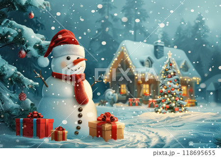 Holiday greeting card with funny snowman in Santa Claus hat wearing red scarf with Christmas tree and presents in evening nearby house, festive snowy weather, background with copy space 118695655