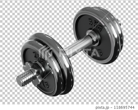 Black adjustable dumbbell, weightlifting gym equipment, side view 118695744
