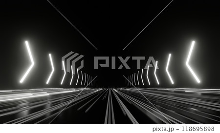 3d Render, Glowing fast speed white light through dark background, racing highway patch, hyper speed warp technology and futuristic scene. 3d Render, Glowing fast speed white light through dark background, racing highway patch, hyper speed warp technology and futuristic scene. 118695898