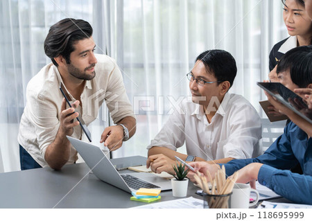 Data analysts team of office worker collaborate on Bi dashboard. Prudent 118695999