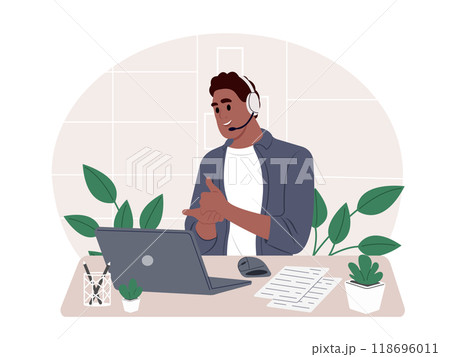 Call center. Young smiling African American man with a headset for support and communication in the office. A telemarketing agent works on deals, advises clients 118696011