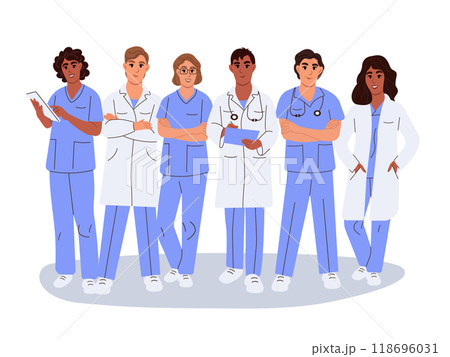 Medical staff of the clinic. Portrait of doctors standing shoulder to shoulder in the hospital. 118696031